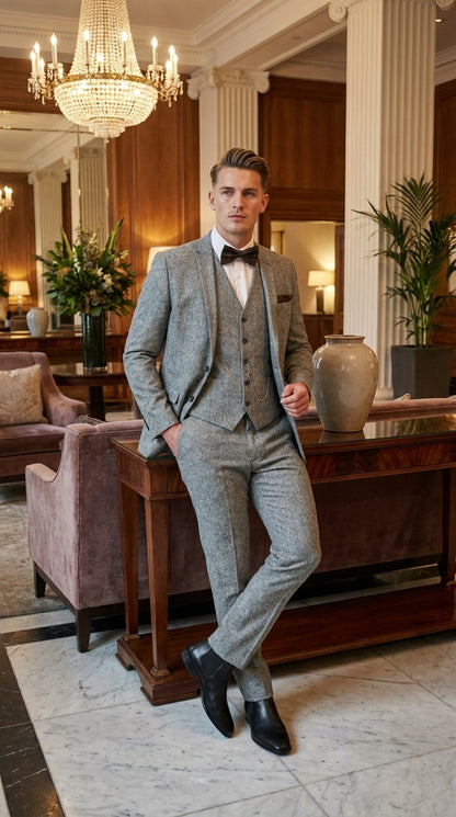 Men’s Edwardian Grey 3-Piece Suit – Dickens Downton Abbey Victorian Vintage Tweed Suit