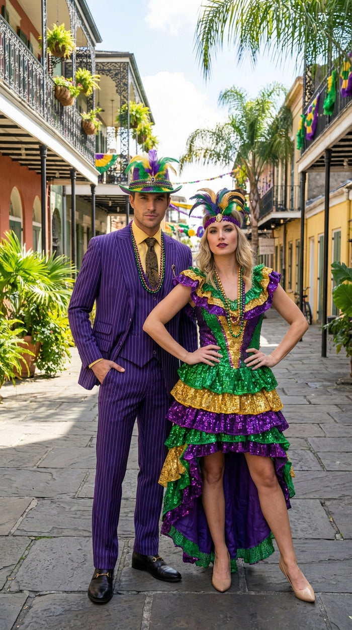 Men’s Purple Pinstripe Mardi Gras Suit | Three Piece Carnival Formal Suit with Vest Modern Fit