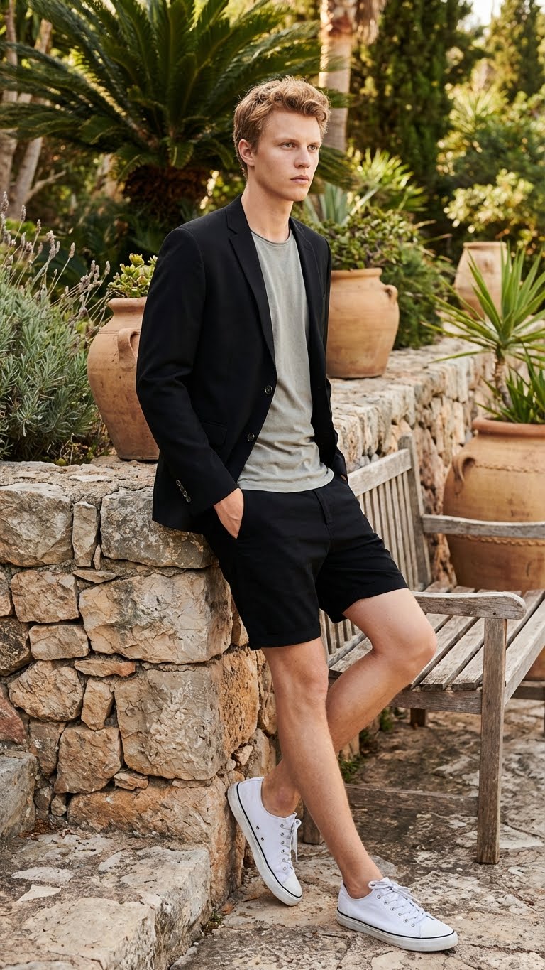 Men’s Black Summer Business Suit with Shorts Pants Set Modern Fit
