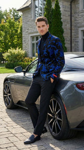 Men’s Black and Royal Blue Patterned Blazer – Paisley Floral Sport Coat Prom Jacket
