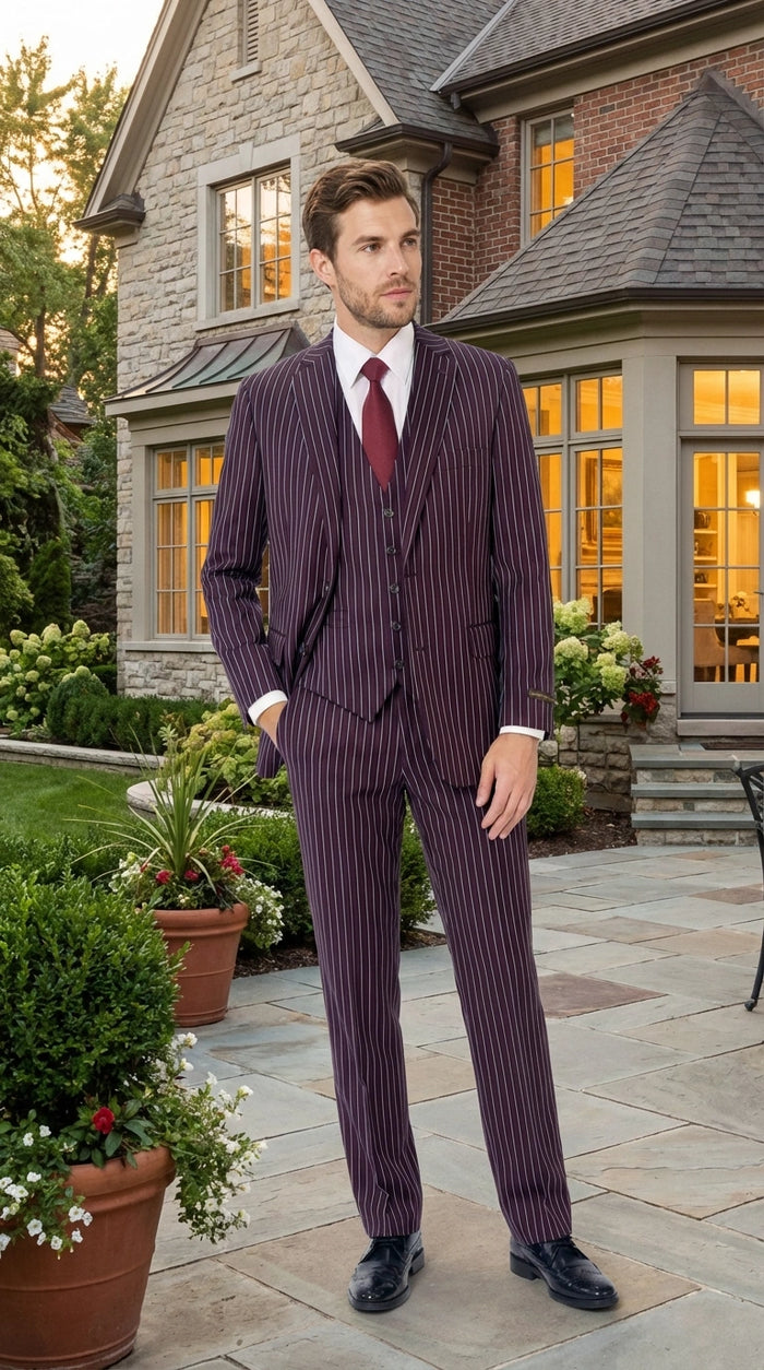 Men’s Plum Eggplant Pinstripe 3 Piece Suit – Burgundy Purple Formal Suit  Gangster 1920s Mafia Pimp Suit Modern Fit