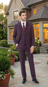 Men’s Plum Eggplant Pinstripe 3 Piece Suit – Burgundy Purple Formal Suit  Gangster 1920s Mafia Pimp Suit