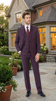 Men’s Plum Eggplant Pinstripe 3 Piece Suit – Burgundy Purple Formal Suit  Gangster 1920s Mafia Pimp Suit
