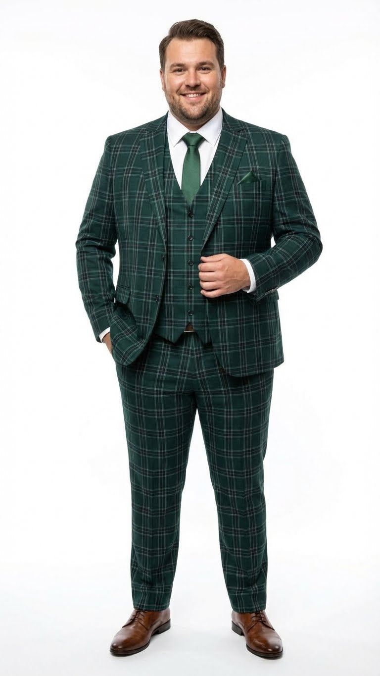 Men's Dark Green Plaid 3 Piece Suit – Checkered Suit Set for Wedding, Windowpane Tartan Fabric - Ultra Slim Fit - Image 9