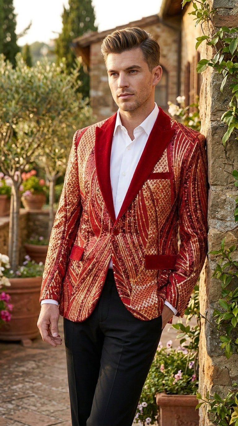Men’s Red and Gold Sequin Christmas Holiday Blazer – Luxury Party Jacket for New Year, Wedding and Festive Events