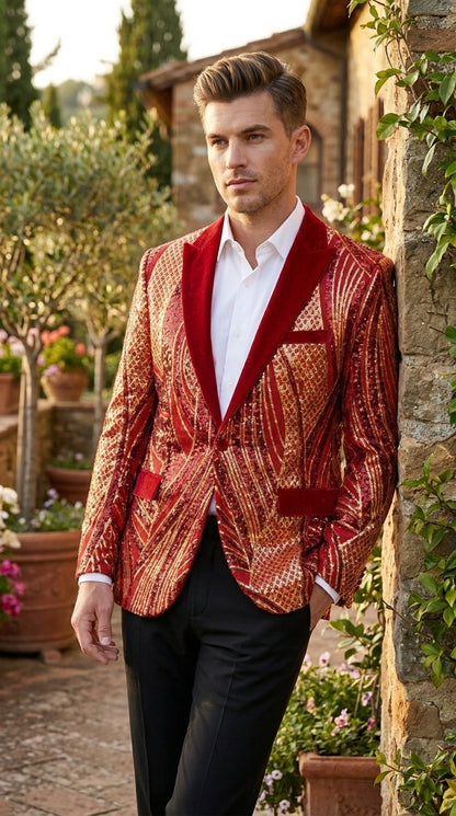 Men’s Red and Gold Sequin Christmas Holiday Blazer – Luxury Party Jacket for New Year, Wedding and Festive Events
