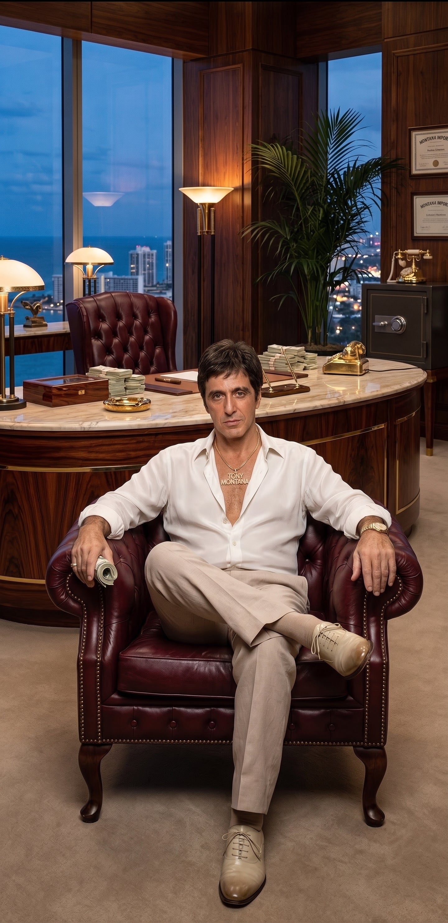 Tony Montana’s White Linen Shirt and Tan Pants – Men’s White Formal Shirt with Tan Trousers for Party, Wedding and Vintage Style Outfit