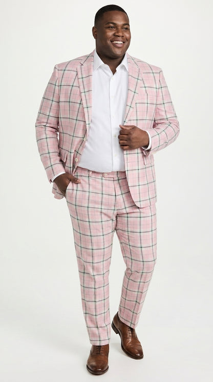 Men’s Pink Plaid Suit with Check Pattern Blazer and Matching Pants, Formal Wedding Party Dress Suit