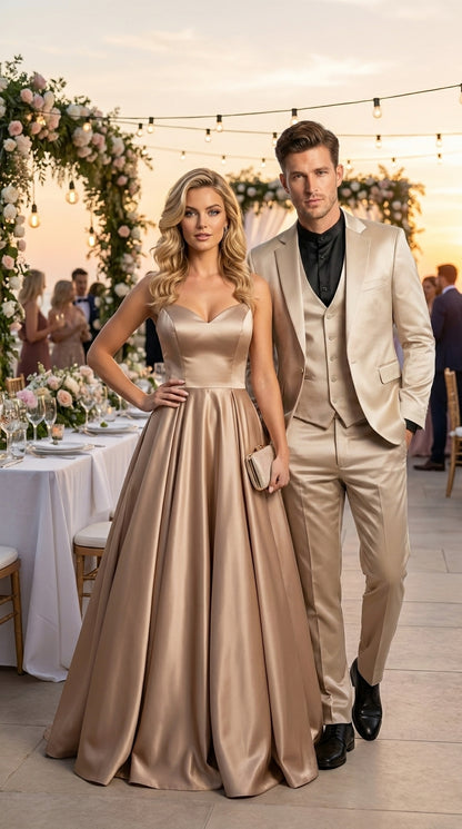 Mens 3-Piece Slim-Fit Shiny All Satin Suit Champagne