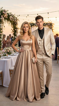 Mens 3-Piece Slim-Fit Shiny All Satin Suit Champagne
