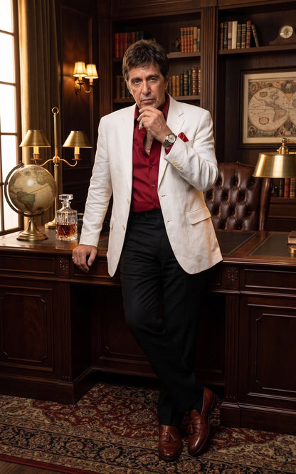 Tony Montana’s White Blazer Red Shirt Black Pants – Men’s White Blazer Outfit with Red Shirt and Black Trousers for Party, Wedding and Vintage Style Wear