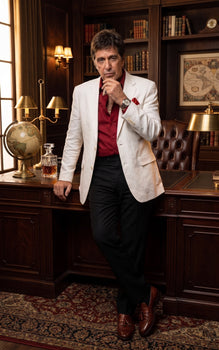 Tony Montana’s White Blazer Red Shirt Black Pants – Men’s White Blazer Outfit with Red Shirt and Black Trousers for Party, Wedding and Vintage Style Wear