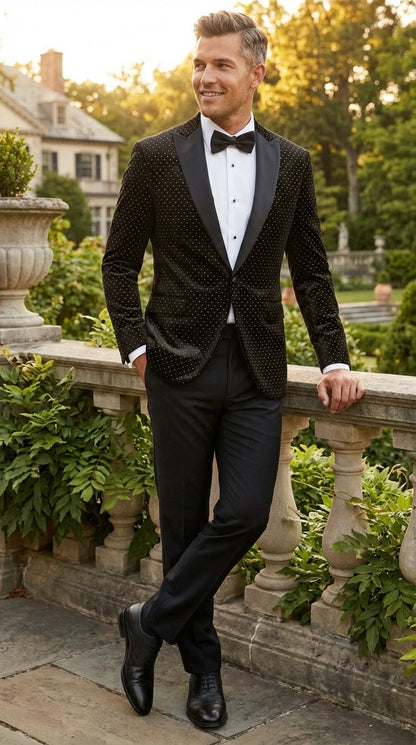 Men’s Black Velvet Dinner Jacket Blazer with Satin Lapel – Formal Evening Tuxedo Style Jacket Polk Dots Pattern + Free bowtie