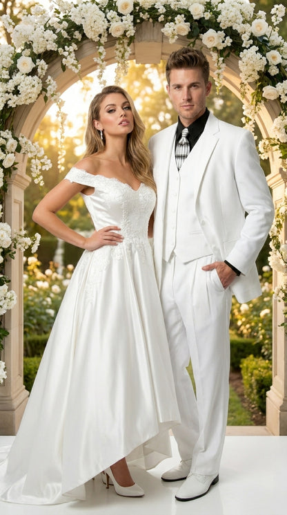 Men’s All White Classic 3 Piece Suit with High Vest, 3 Button Jacket and Pleated Pants
