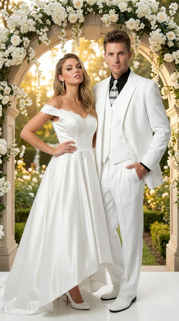 Men’s All White Classic 3 Piece Suit with High Vest, 3 Button Jacket and Pleated Pants