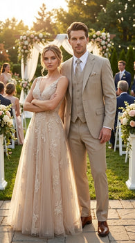 Men’s Tan Pinstripe Three Piece Suit – Classic Fit Pleated Pants  Tan Sand Beige Wedding, Church Shadow Ton on Tone  Business Suit for Men