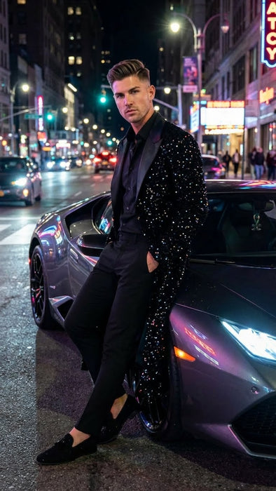 Men’s Black Sequin Long Coat with Satin Shawl Lapel – Luxury Statement Evening Overcoat