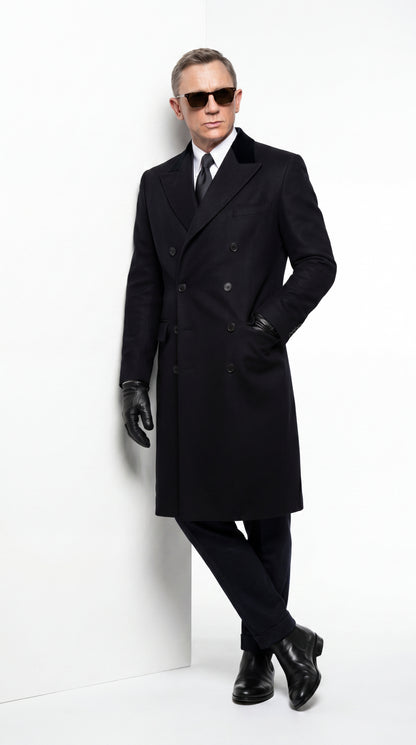 Men’s Black Double Breasted Overcoat, James Bond Inspired Long Formal Coat for Weddings, Business Events, Parties, and Winter Occasions