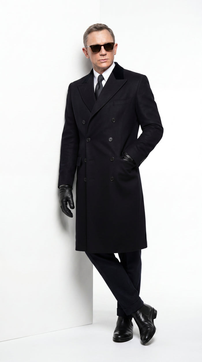 Men’s Black Double Breasted Overcoat, James Bond Inspired Long Formal Coat for Weddings, Business Events, Parties, and Winter Occasions