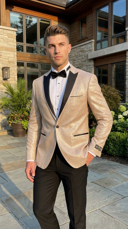 Men’s Gold Blazer with Black Lapel – Elegant Gold Formal Blazer Jacket for Wedding, Prom, Tuxedo in champagne Color