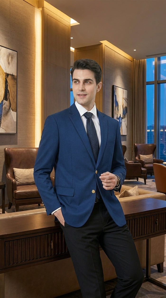 Men’s Sapphire Indigo Cobalt Blue Blazer with Gold Buttons – Classic Single Breasted Formal Business Jacket for Office, Wedding