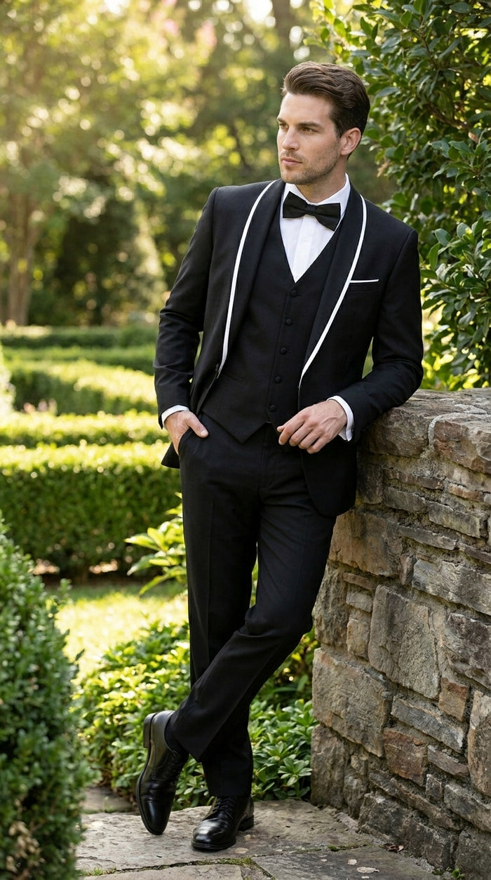Men’s Black 1 Button Blazer with Shawl Lapel and White Trim, Formal Dinner Jacket Sport Coat