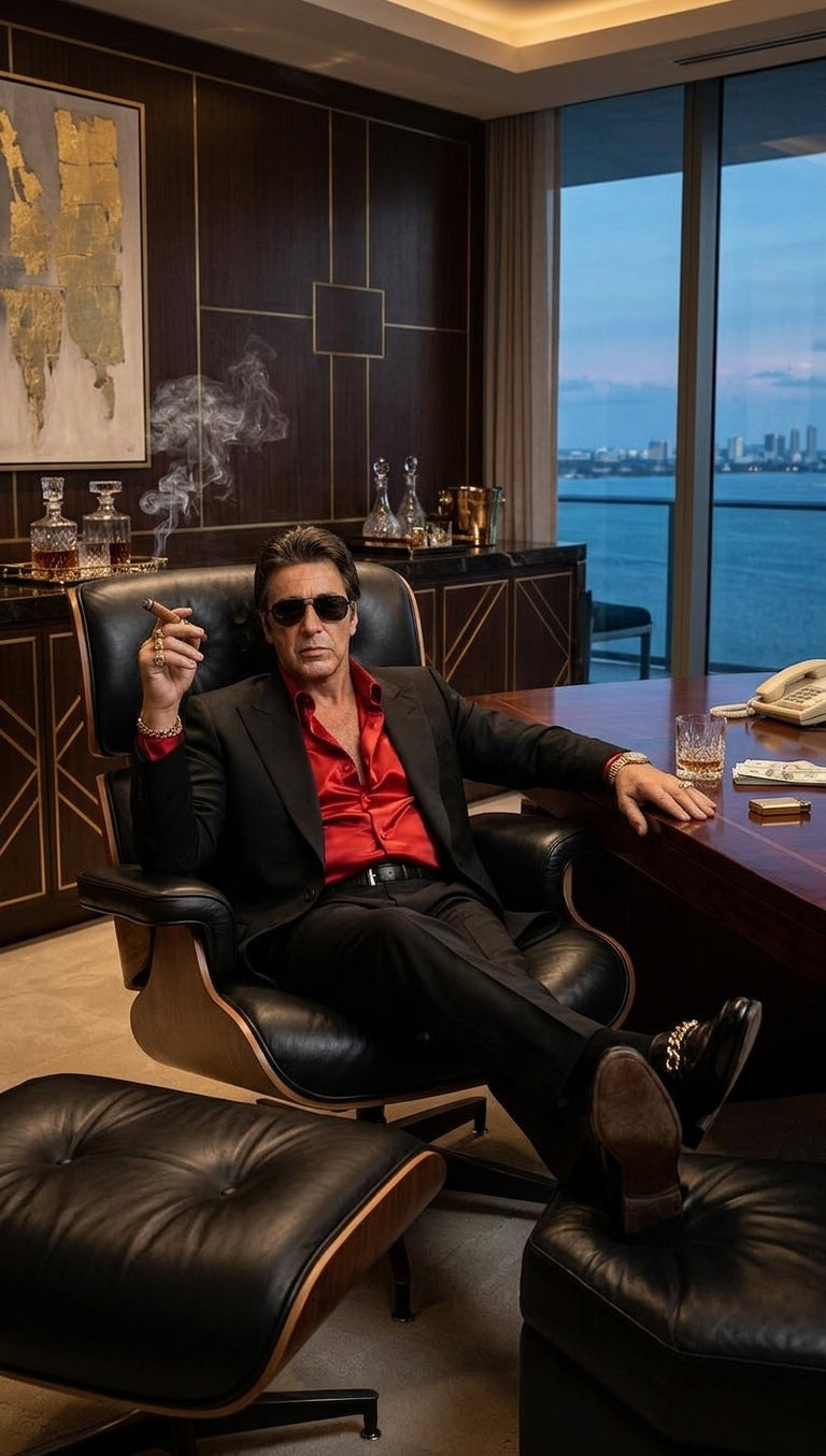 Tony Montana’s Black Blazer with Red Sateen Shirt – Men’s Black Formal Blazer and Red Satin Style Shirt Outfit for Party, Wedding and Vintage Wear