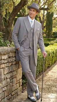 Men’s Gray Zoot Suit with Matching Hat and 1920s Shoes | Grey Vintage Wedding and Party Three Piece Suit