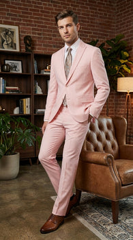 light pink dress suit Light Pink 2 Piece Summer Linen Double Breasted Business Casual Men Suit Pink / 50R
