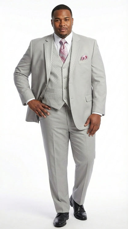 Men’s Light Gray 3 Piece Suit – Ice Silver Gray Formal Suit Set with Vest, Patterned Lapel and Tie for Wedding, Prom and Business Events  Modern Fit