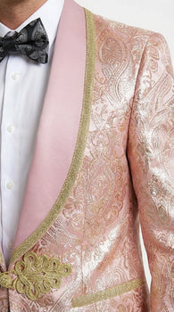 Men’s Rose Gold Pink Prom Tuxedo Suit – Slim Fit Paisley Pattern Formal Tuxedo Suit for Prom, Wedding and Special Events