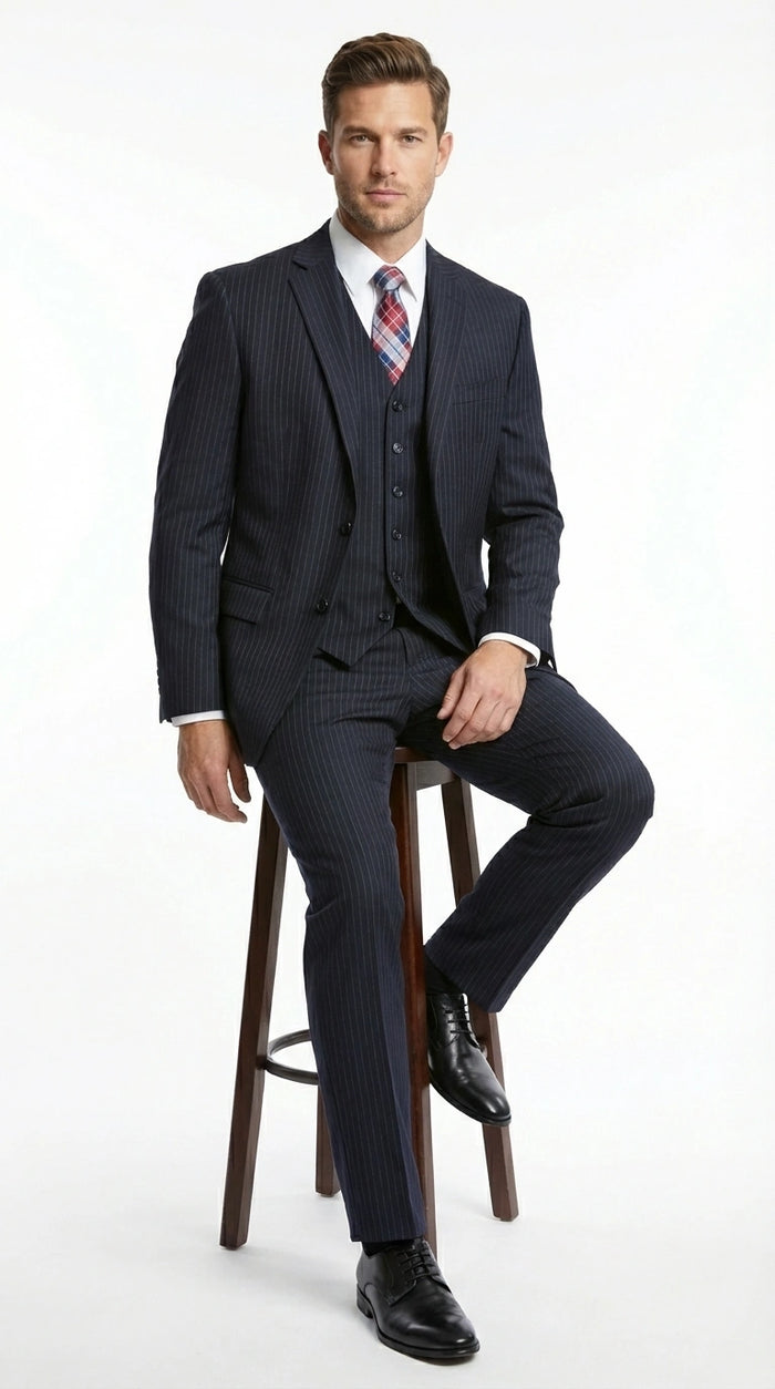 Italian Made By Statment - 100% Wool Fabric Super 150's  Banker Pinstripe in Navy Charcoal Black 2 Button Suit Modern Fit 2 Buttons Notch Lapel