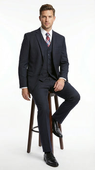 Italian Made By Statment - 100% Wool Fabric Super 150's  Banker Pinstripe in Navy Charcoal Black 2 Button Suit Modern Fit 2 Buttons Notch Lapel