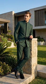 Men’s Olive Green Tuxedo Mandarin Collar Suit – Modern Nehru Style Formal Suit for Wedding Banded Collar