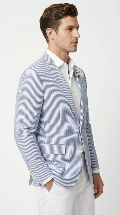 Mens Blue Seersucker Blazer – Lightweight Striped Summer Sport Coat Casual Smart Formal Jacket