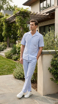 Mens Light Blue Seersucker Walking Suit Set – Casual Summer Short Sleeve Outfit with Matching Pants Lightweight Two Piece Set