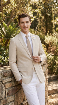 Mens Beige Seersucker Blazer – Lightweight Striped Summer Sport Coat Casual Smart Formal Blazer