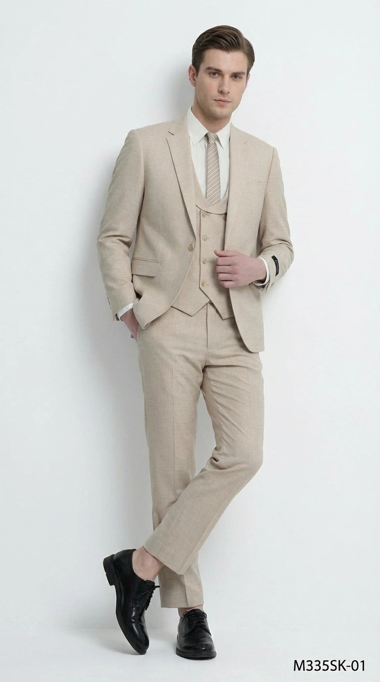 Mens Sand Beige 3 Piece Suit – Double breasted Vest Formal Suit Set  and Dress Pants in Champaign Natural Summer Color Modern Fit