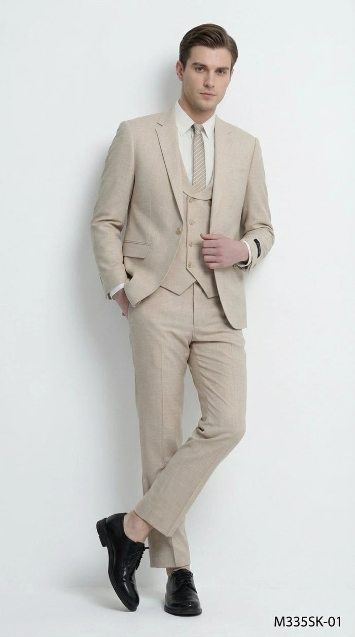 Mens Sand Beige 3 Piece Suit – Double breasted Vest Formal Suit Set  and Dress Pants in Champaign Natural Summer Color Modern Fit