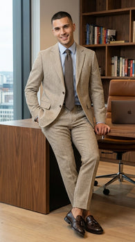 Men’s Light Tan Tweed Suit – Classic Beige Two Piece Suit, Herringbone Formal Wear, Vintage Style Business & Wedding Outfit for Men