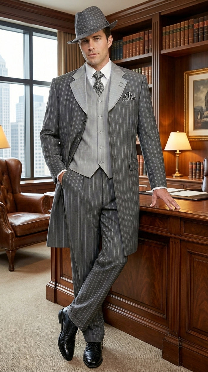 Men’s Grey Pinstripe Zoot Suit 3 Piece – 1920s Gangster Vintage Wide Lapel Suit with Vest for Wedding, Party