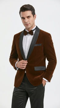 Men’s Brown Camel Bronze Velvet Tuxedo Jacket, Shawl Lapel Wedding Prom Dinner Blazer - Blazer Sportcoat