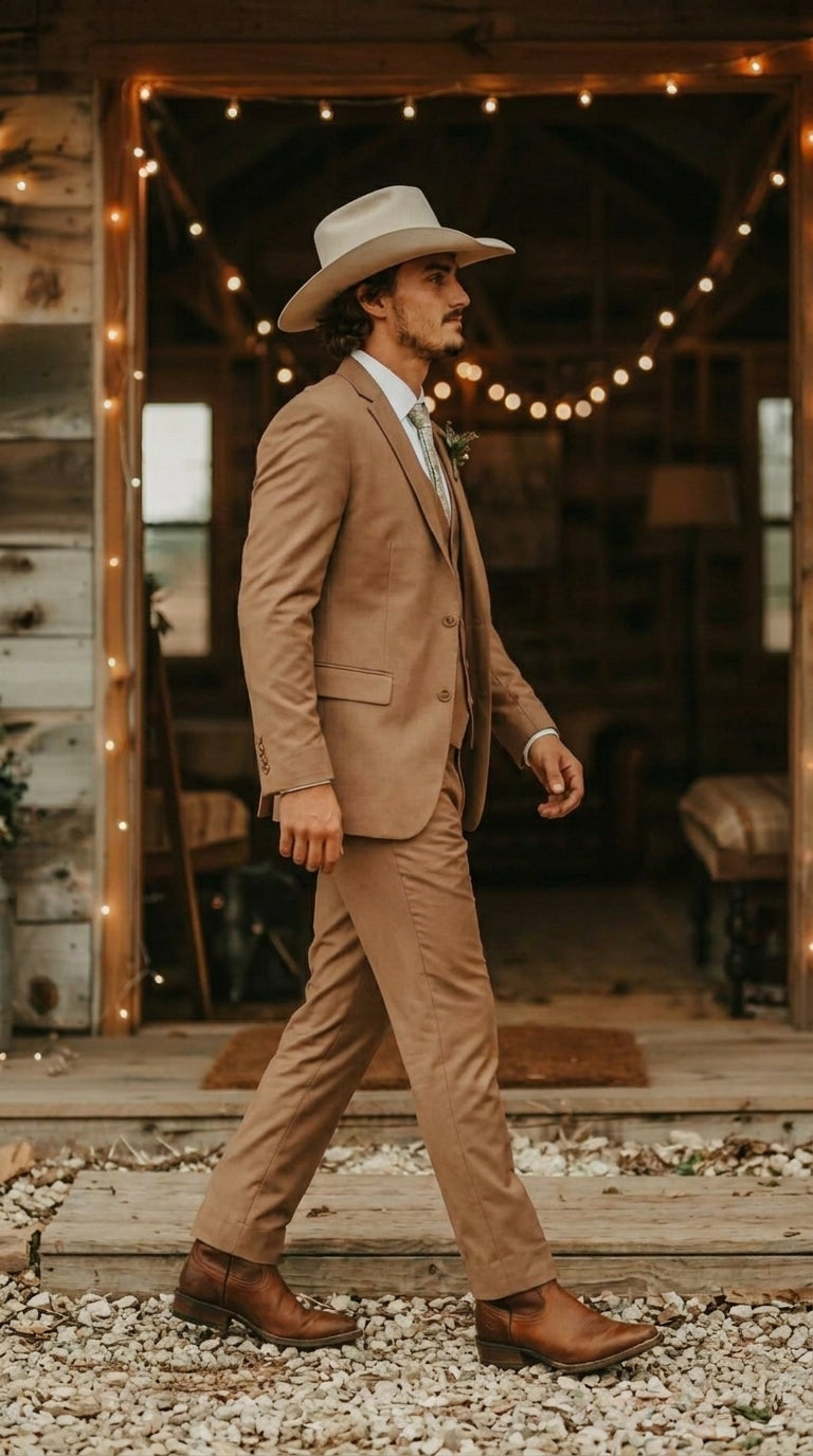Mens Camel Brown Copper Western 3 Piece Suit – Classic Country Style Blazer Vest Pants Set, Formal Cowboy Suit Outfit