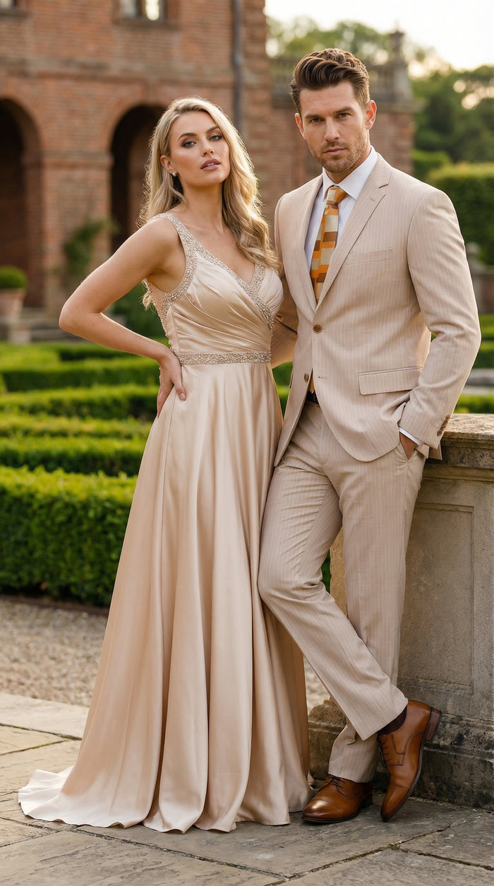 Vitali Men’s Natural Beige Pinstripe Suit – Summer Tan Pinstripe  Weddings and Business Wear Modern Fit