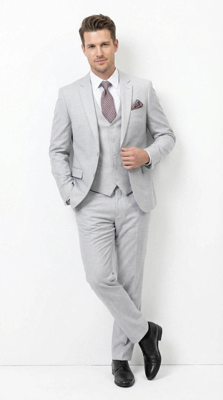 Men’s Light Grey Sharkskin 3 Piece Suit – Two Button Vested Modern Formal Business Suit for Wedding in silver Ice Gray Modern Fit