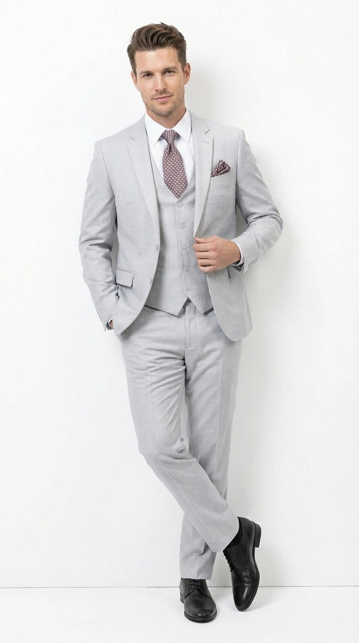 Men’s Light Grey Sharkskin 3 Piece Suit – Two Button Vested Modern Formal Business Suit for Wedding in silver Ice Gray Modern Fit
