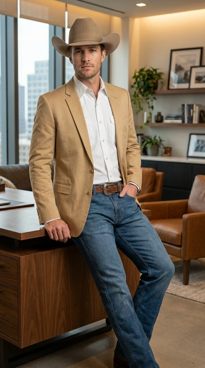 Men’s Tan Camel British khaki Western Blazer – Two Button Classic Casual Sport Coat - Cowboy Country Coat
