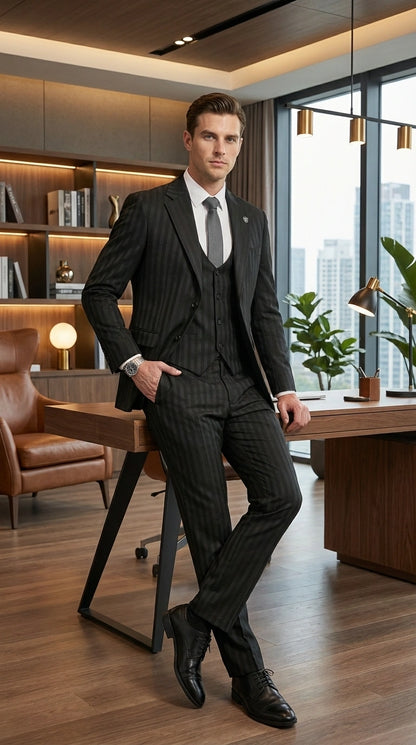 Men’s Black Pinstripe 3 Piece Suit – Vested Formal Business Suit for Wedding, Office, Prom and Party Wear Modern Fit