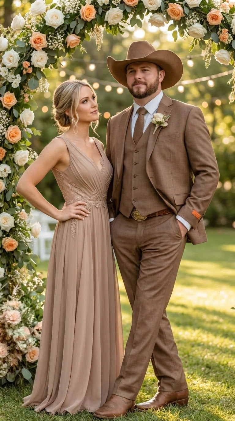 Men’s Light Brown Western 3 Piece Suit – Classic Country Style Blazer Vest Pants Set, Formal Cowboy Suit Toast
