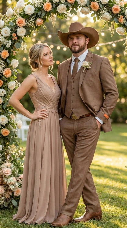 Men’s Light Brown Western 3 Piece Suit – Classic Country Style Blazer Vest Pants Set, Formal Cowboy Suit Toast